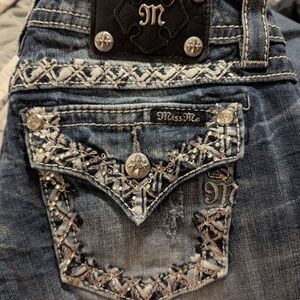 Miss Me Signature Boot Cut Fleur-delis Flap Pocket Y2K Mid Rise 29 34 Rhinestone